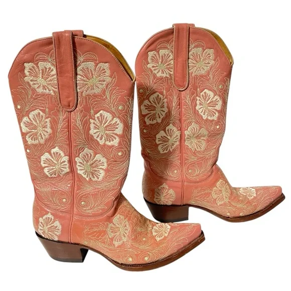 Old Gringo Boots Pink Embroidered Flowers Womens 8 Cowgirl Bride Princess Barbie - Picture 2 of 8